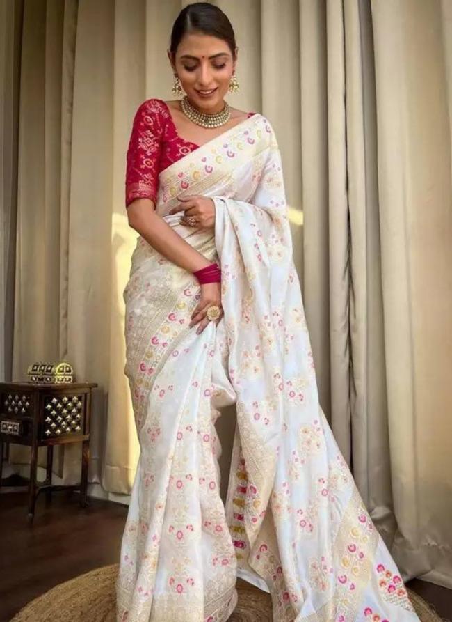 Silk White Traditional Wear Jacquard Work Saree